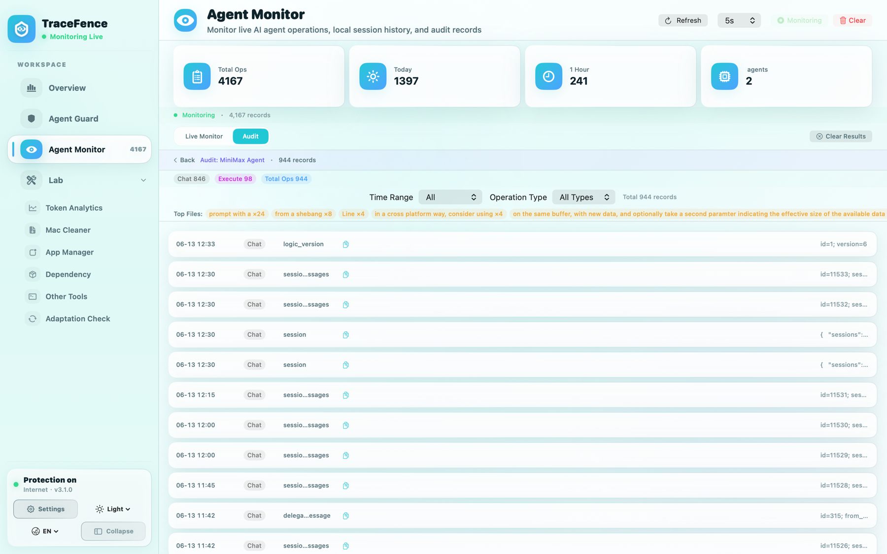 TraceFence sanitized token scope screenshot